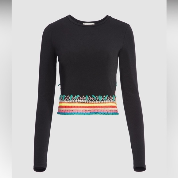 Alice & Olivia-Black Longsleeve Delania Crop Top w/ Neon Multicolor Embroidery - Picture 3 of 12